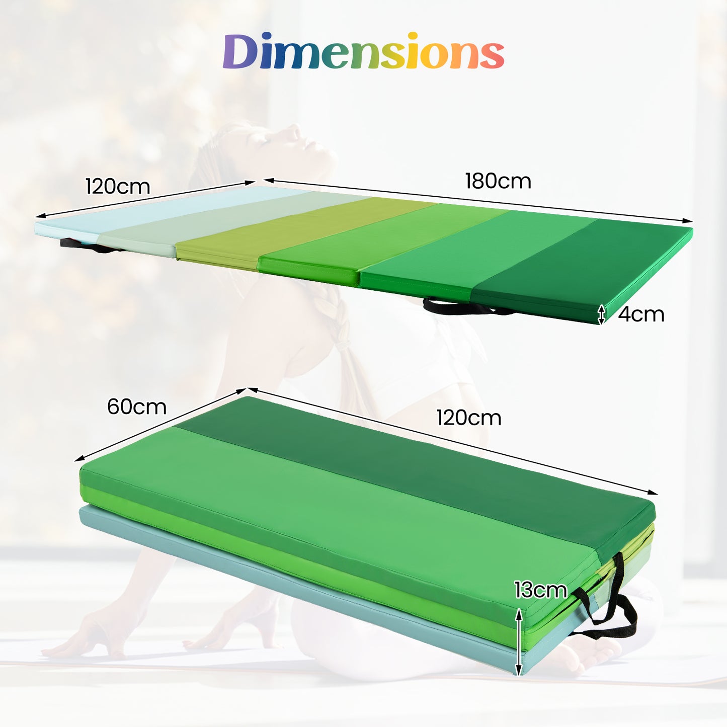 Gymnastics Mat Tri-Fold Thick Tumbling Mat with Hook and Loop Fasteners-Green
