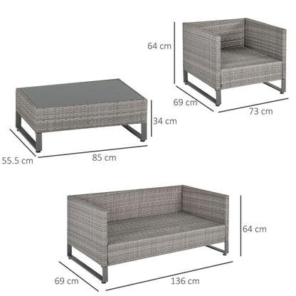 Outsunny 4-Seater PE Rattan Garden Furniture Wicker Dining Set w/ Glass Top Table, Cushions, Light Grey