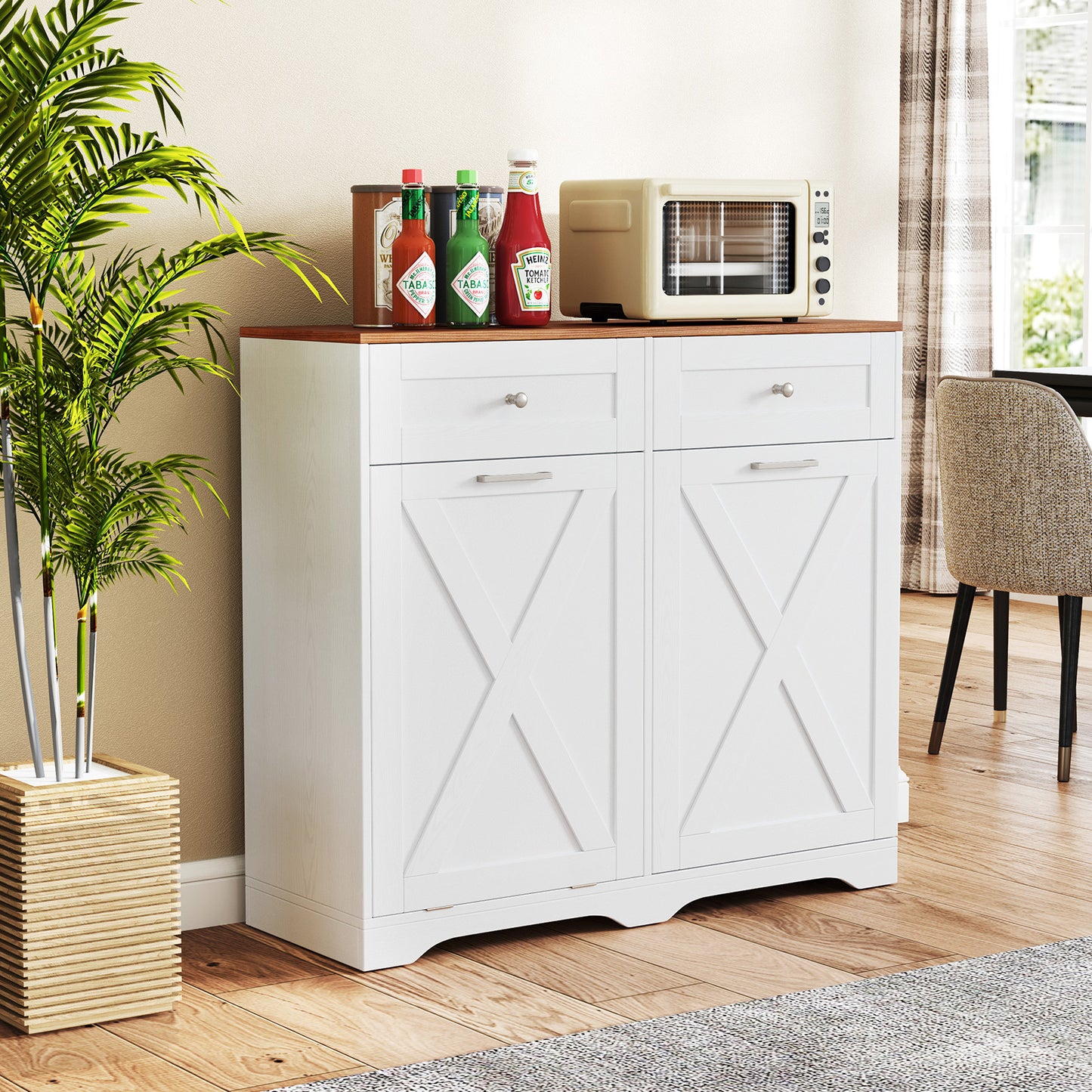 Tilt Out Trash Can Cabinet with Outlets and Adjustable Shelf for Kitchen-White