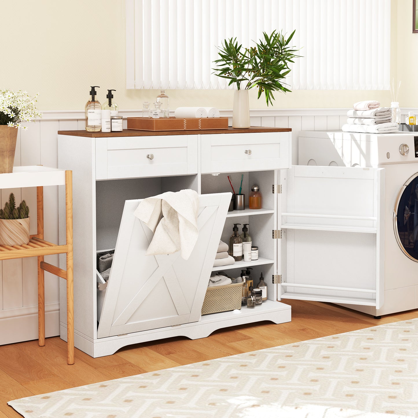 Tilt Out Trash Can Cabinet with Outlets and Adjustable Shelf for Kitchen-White