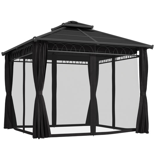 Outsunny 3 x 3 (m) Outdoor Polycarbonate Gazebo, DoubleÂ Roof Hard Top Gazebo withÂ Galvanised Steel Frame, NettingsÂ &Â Curtains for Garden, Lawn, Patio and Deck, Dark Grey