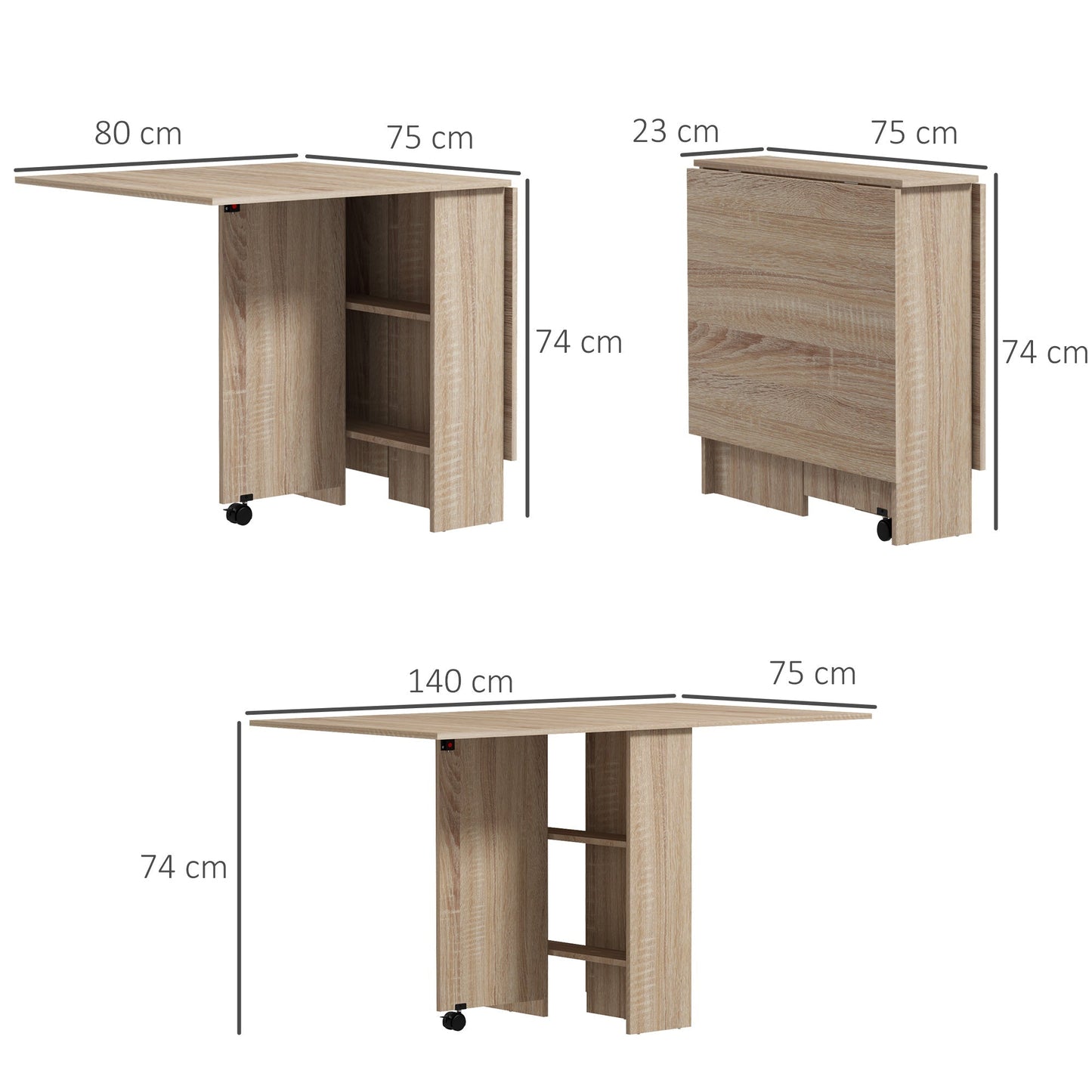 Retro Style Folding Dining Table, Drop Leaf Table for Small Spaces with 2-tier Shelves, Small Kitchen Table with rolling Casters