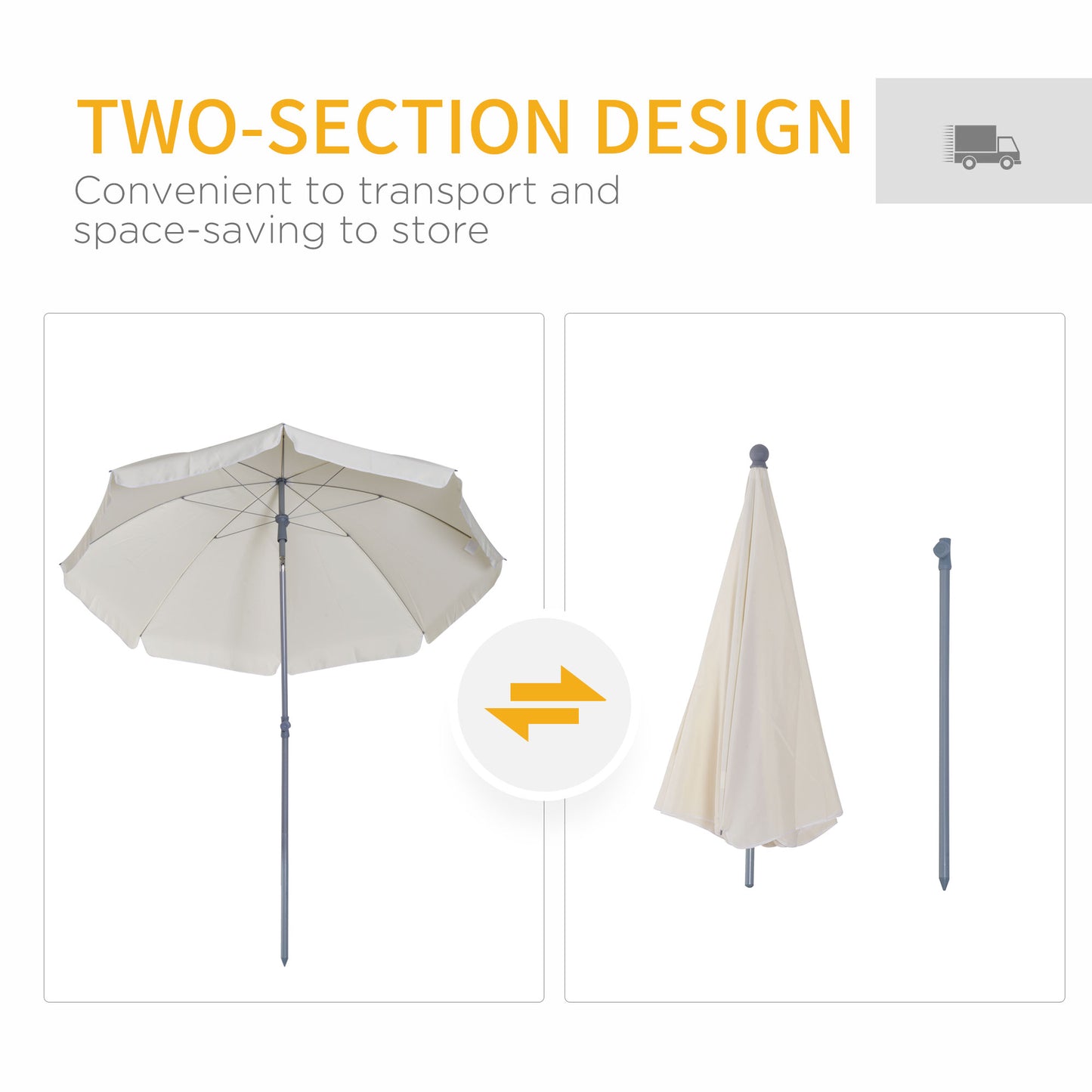 Outsunny 2,2 m Parasol plażowy, przenośny parasol z funkcją pochylania, osłona przeciwsłoneczna na zewnątrz z 8 żebrami do ogrodu, basenu i patio, kremowo-biały