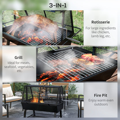 Grill 3 w 1 Outsunny, rożen i palenisko z pokrywą