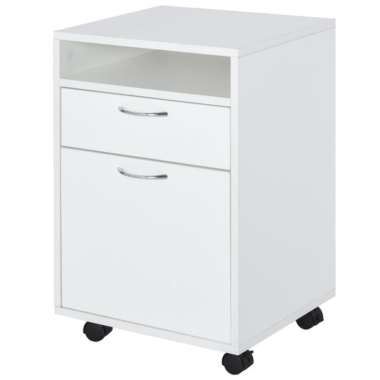 HOMCOM 60cm Storage Cabinet with Drawer, Open Shelf, Metal Handles and 4 Wheels, Office Home Organiser Mobile Printer, White