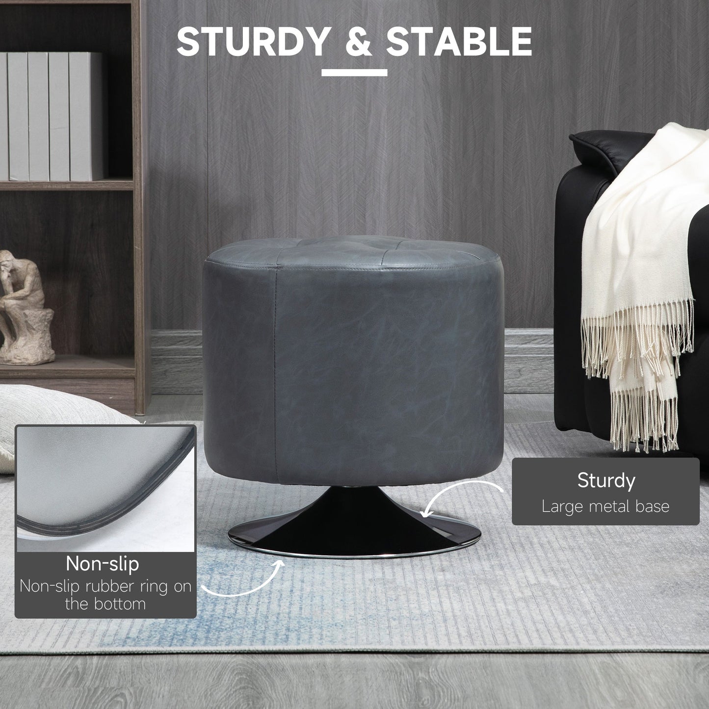 HOMCOM 360¡ Swivel Foot Stool Round PU Ottoman with Thick Sponge Padding and Solid Steel Base, Grey