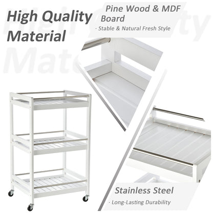 HOMCOM 3-Tier Home Trolley Kitchen Storage Cart w/ Steel Bars 4 Universal Wheels Rolling Unit Organiser Living Room White