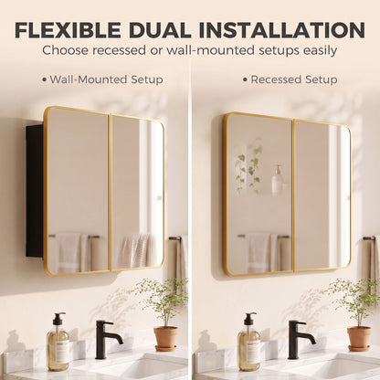 HOMCOM 76.2 x 11.6 x 61 cm Bathroom Mirror Cabinet, Wall Cabinet with Adjustable Shelves, Wall-Mounted or Recessed, Gold Tone