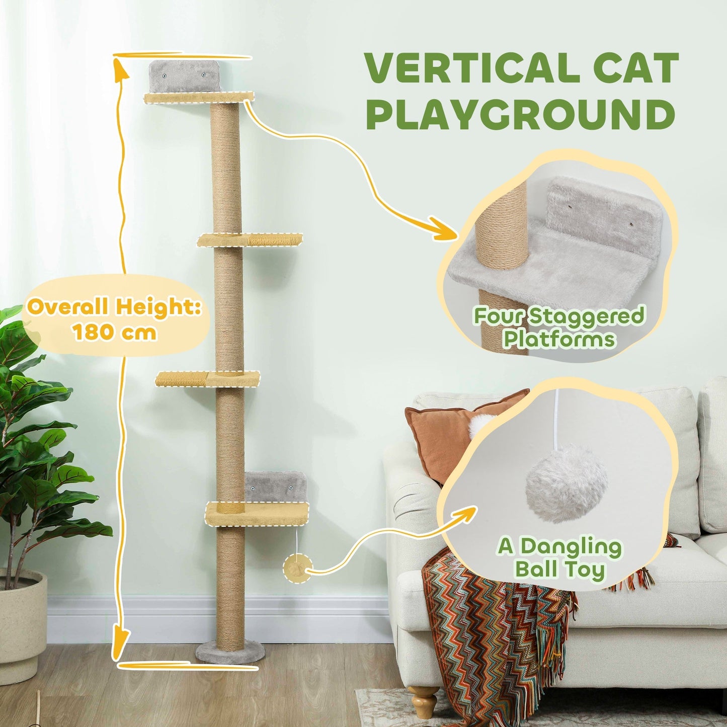PawHut Wall Mounted Cat Shelves, Cat Climbing Wall with 4 Climbing Platforms, Jute Scratching Post and Toy Ball,180cm Tall, Light Grey