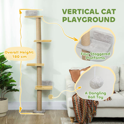 PawHut Wall Mounted Cat Shelves, Cat Climbing Wall with 4 Climbing Platforms, Jute Scratching Post and Toy Ball,180cm Tall, Light Grey