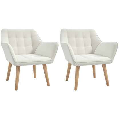 Set of 2 Accent Chair, Arm Chair with Slanted Back, Thick Padding and Rubber Wooden Legs for Living Room, Cream White