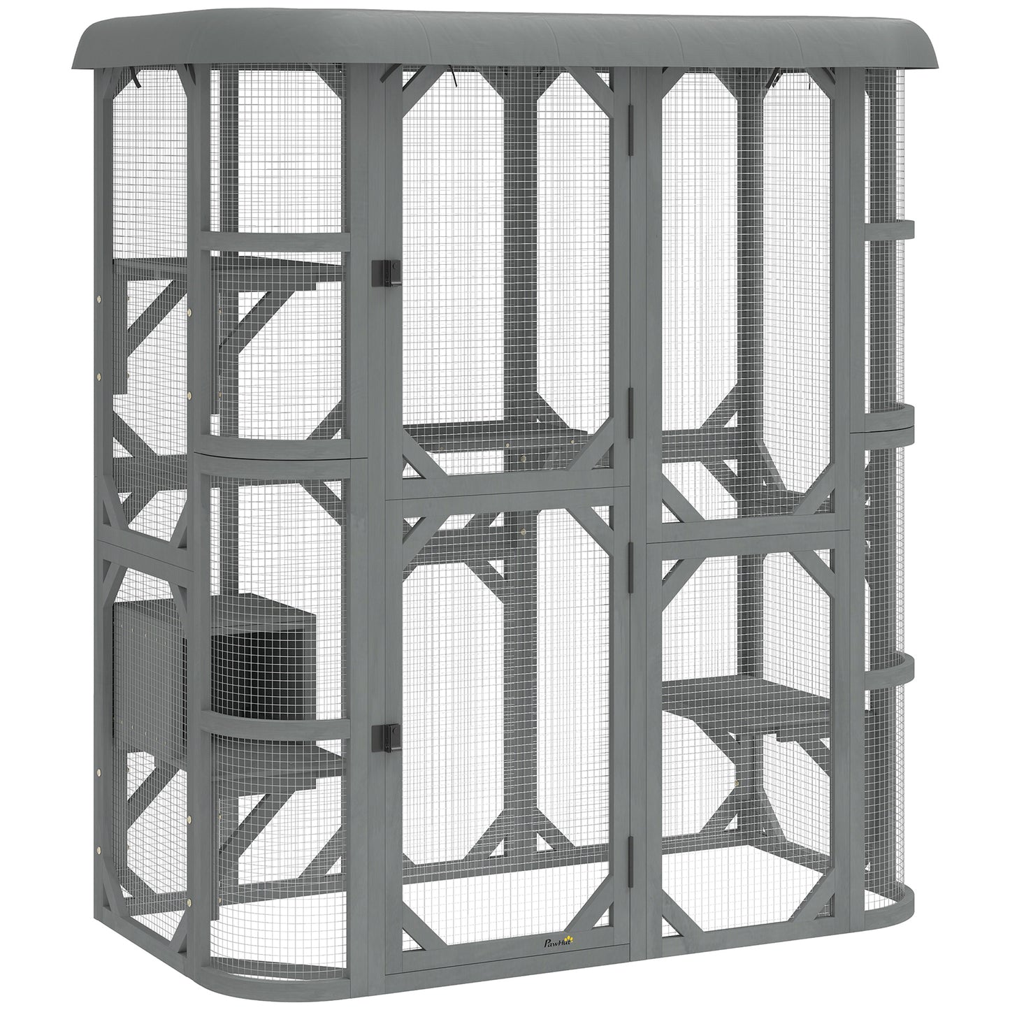 PawHut Catio Outdoor Cat Enclosure,  Wooden Cat House with Platforms, Condo and Waterproof Cover for 2â3 Kittens, Grey