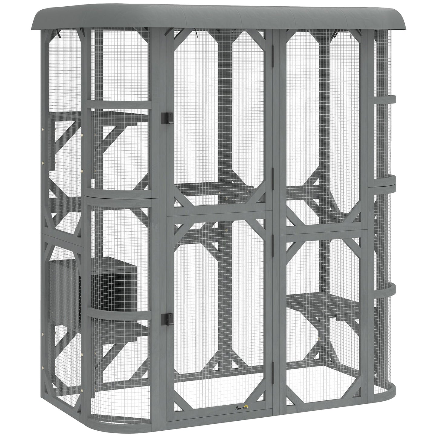 PawHut Catio Outdoor Cat Enclosure, Wooden Cat House with Platforms, Condo and Waterproof Cover for 2â€“3 Kittens, Grey
