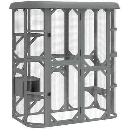 PawHut Catio Outdoor Cat Enclosure, Wooden Cat House with Platforms, Condo and Waterproof Cover for 2â€“3 Kittens, Grey