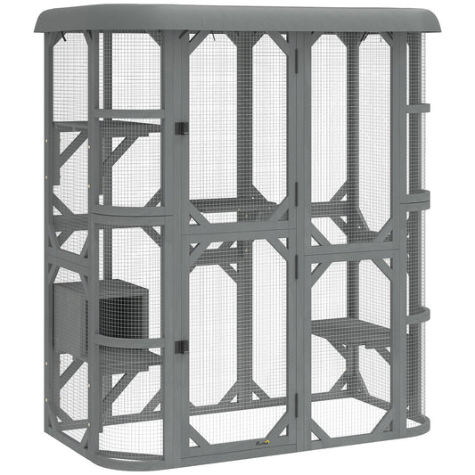 PawHut Catio Outdoor Cat Enclosure, Wooden Cat House with Platforms, Condo and Waterproof Cover for 2â€“3 Kittens, Grey