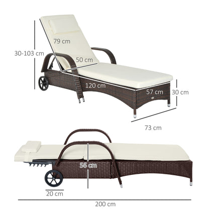 أثاث Outsunny Garden Rattan أثاث فردي للتشمس كرسي سرير مستلق كرسي فناء خارجي منسوج من الخيزران مسند رأس قابل للتعديل - بني