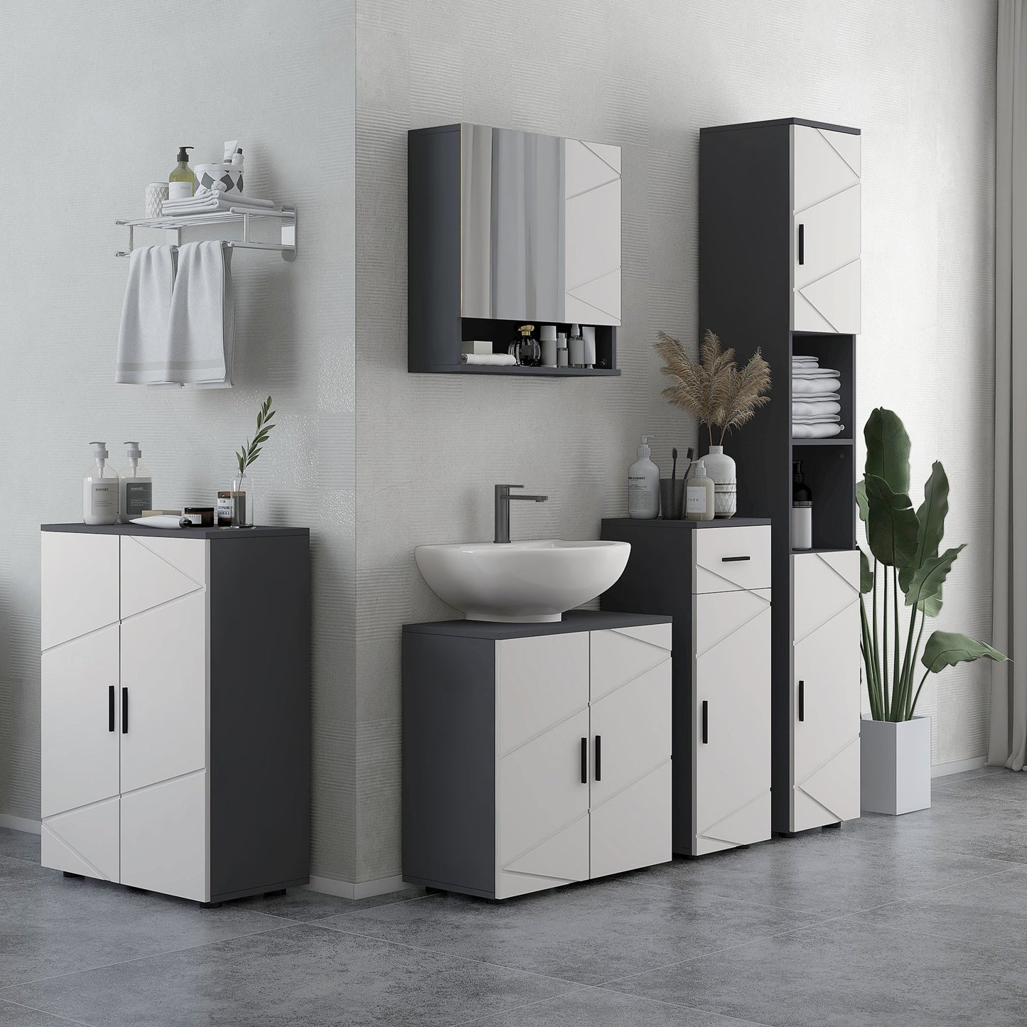 5-Piece Bathroom Furniture Set, Bathroom Storage Cabinet with Doors and Shelves Wall-mounted Mirror Cabinet, Pedestal Sink Cabinet - Grey