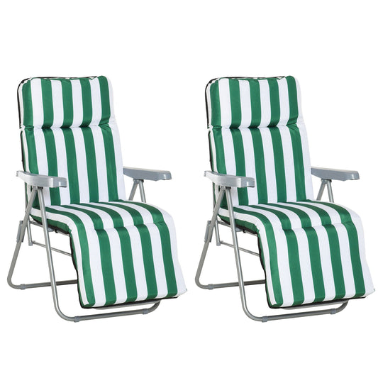 Outsunny 2 Pieces Outdoor Sun Lounger Set with Cushions, Patio Folding 5-Level Adjustable Backrest Recliner Chairs Set of 2 with High Backrest and Armrests, Green & White