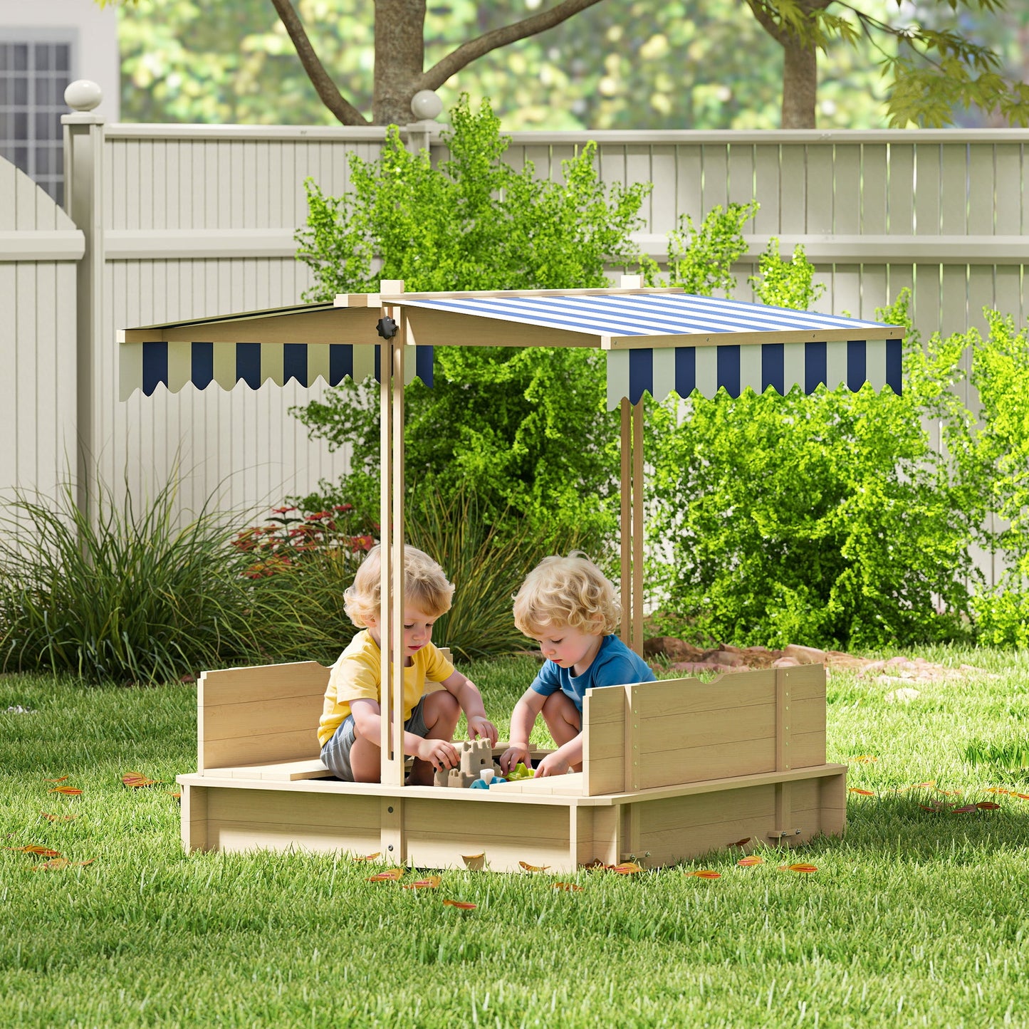 Outsunny Kids Square Wooden Sandpit, Children Sandbox Outdoor Playset