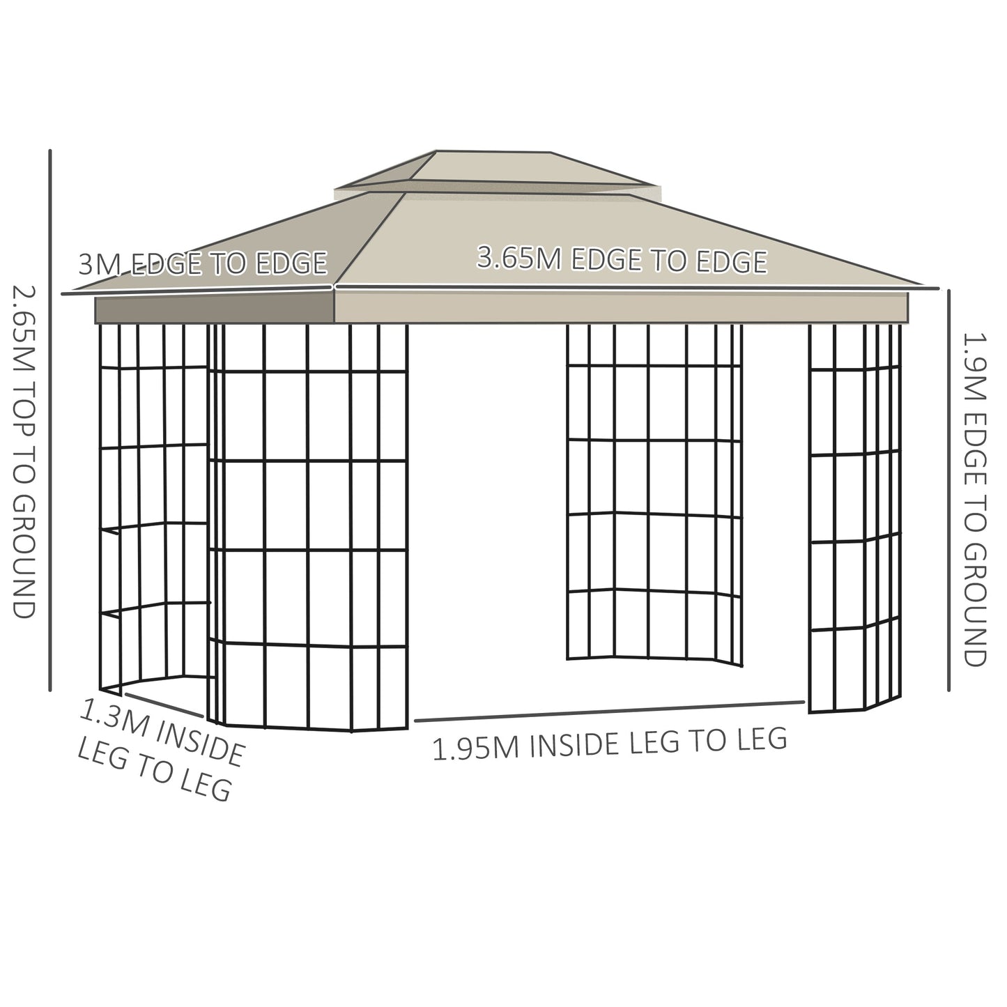 Outsunny 3.7 x 3(m) Patio Gazebo Canopy Garden Tent Shelter with 2 Tiers Roof and Mosquito Netting, Metal Frame, Beige