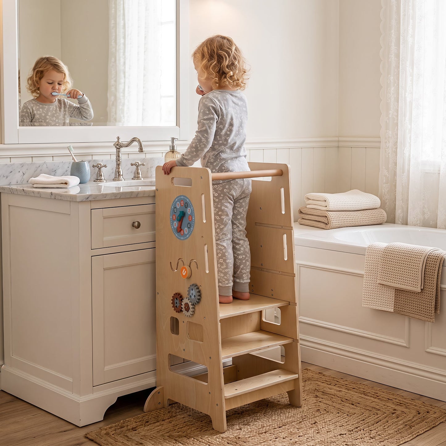 Toddler Standing Tower with Adjustable Height and Blackboard-Natural