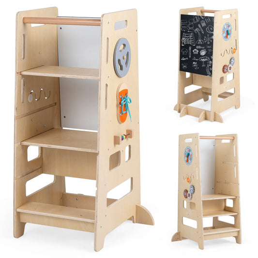 Toddler Standing Tower with Adjustable Height and Blackboard-Natural