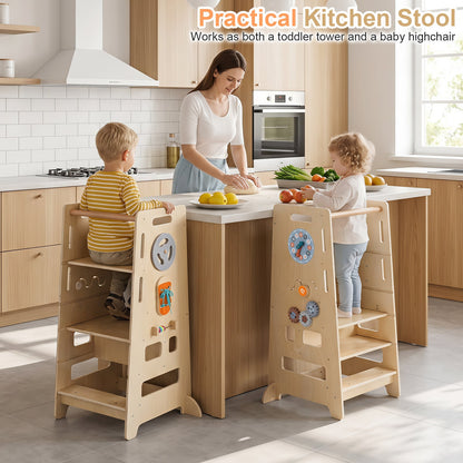 Toddler Standing Tower with Adjustable Height and Blackboard-Natural