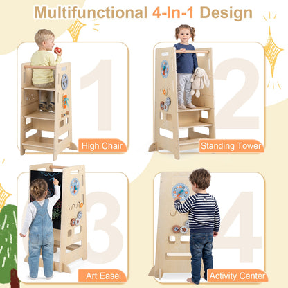 Toddler Standing Tower with Adjustable Height and Blackboard-Natural