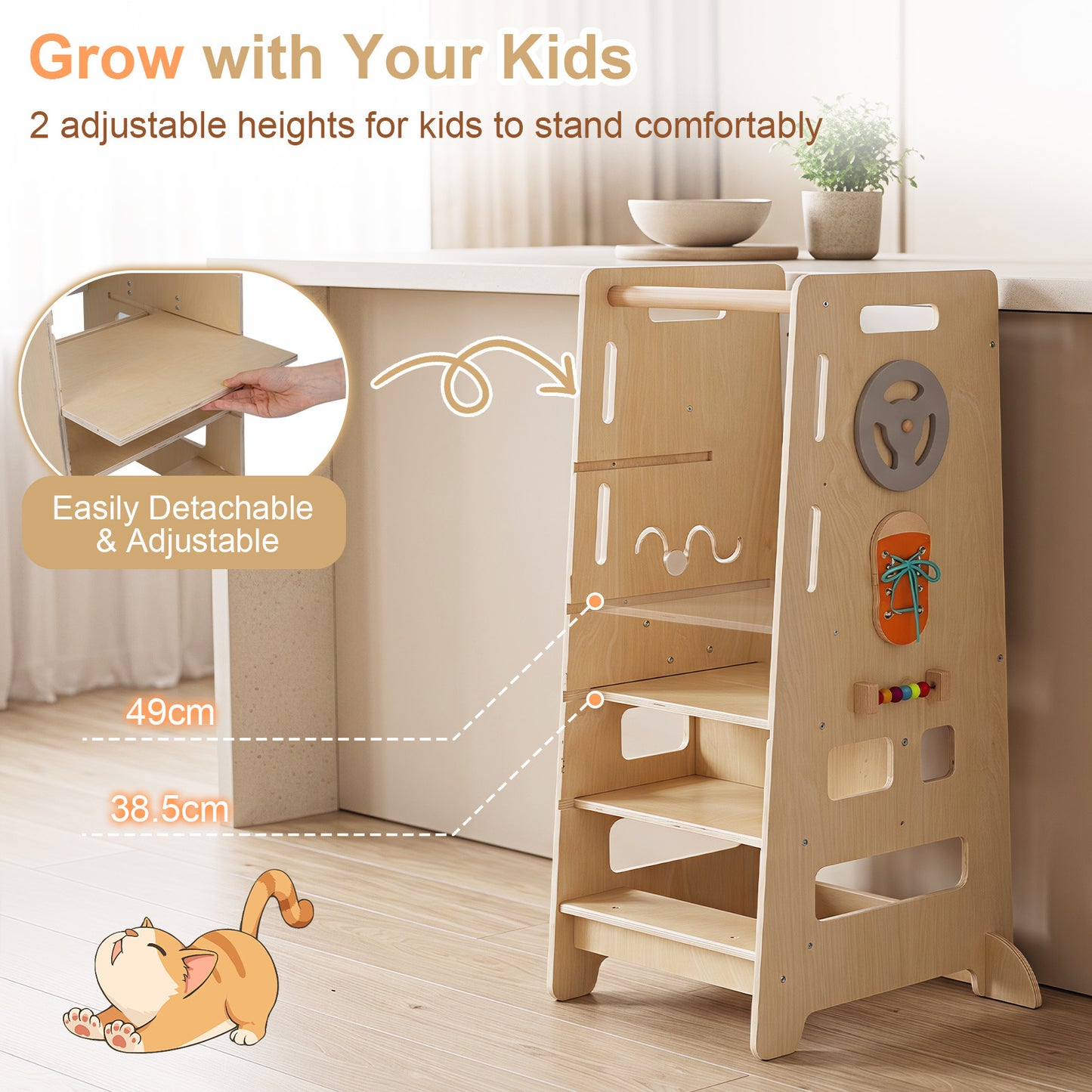 Toddler Standing Tower with Adjustable Height and Blackboard-Natural