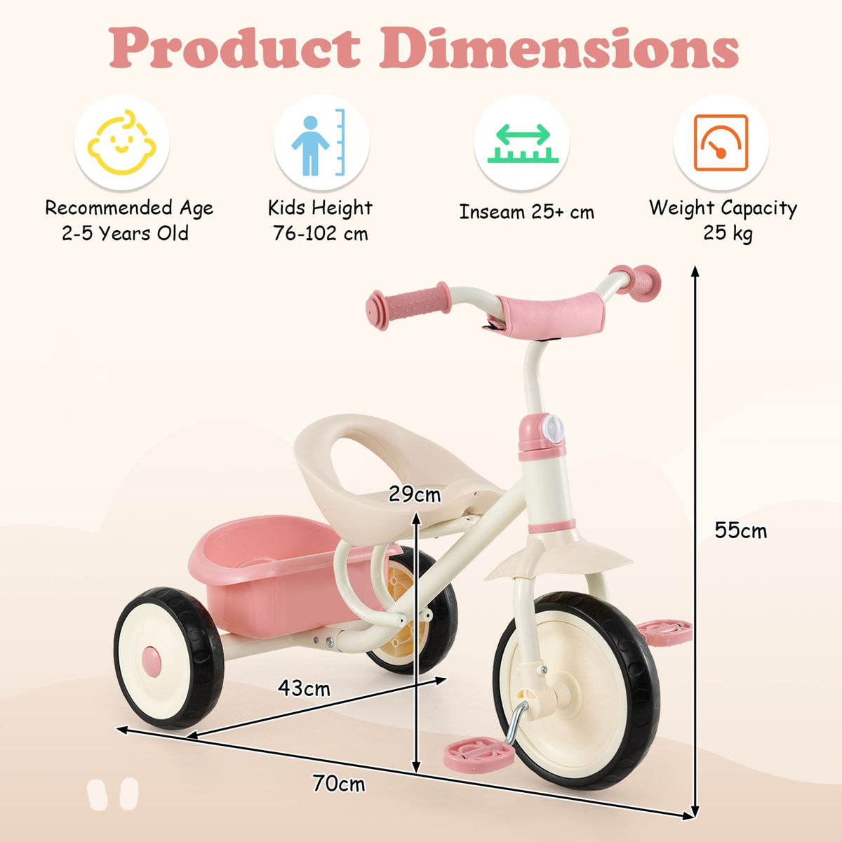 Toddler Tricycle with Removable Rear Storage Basket for Boys and Girls 2-5 Years Old-Pink