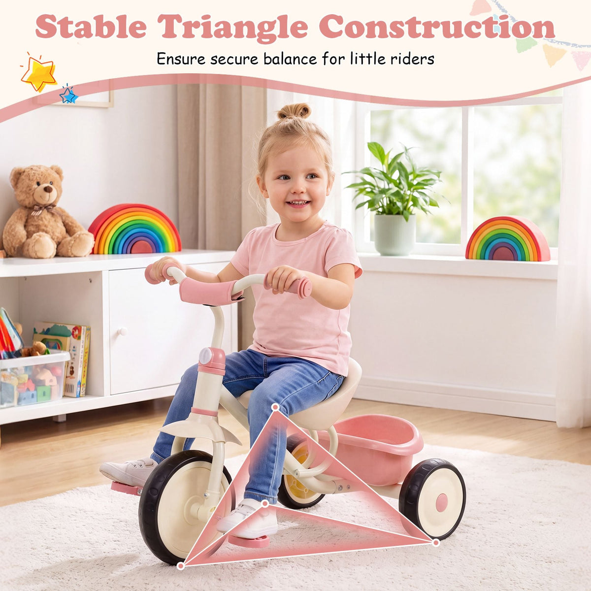 Toddler Tricycle with Removable Rear Storage Basket for Boys and Girls 2-5 Years Old-Pink