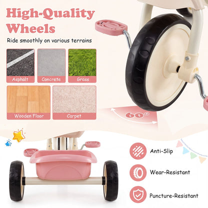 Toddler Tricycle with Removable Rear Storage Basket for Boys and Girls 2-5 Years Old-Pink