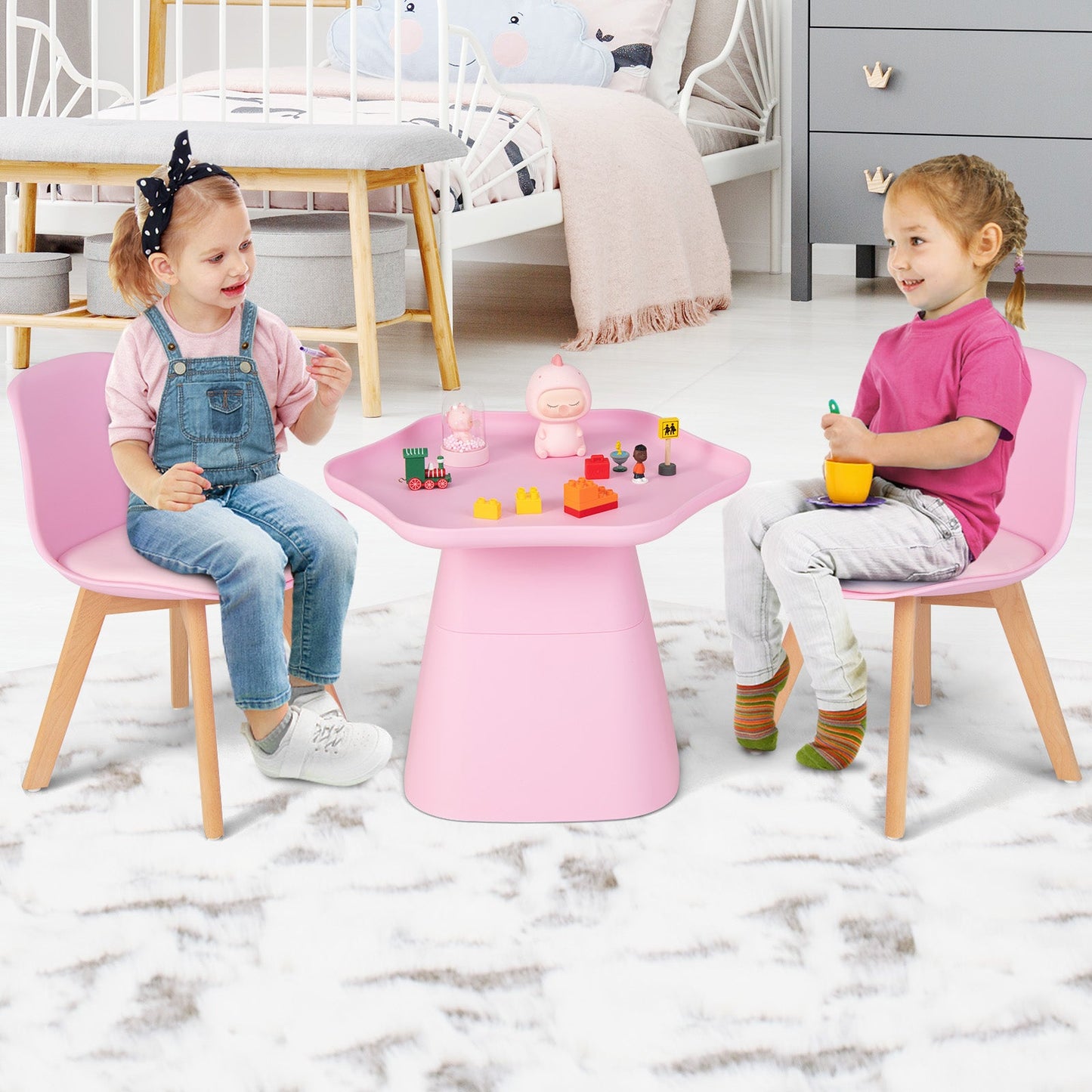 Toddler Activity Play Table with Backrest, Padded Seat and Concave Tabletop-Pink