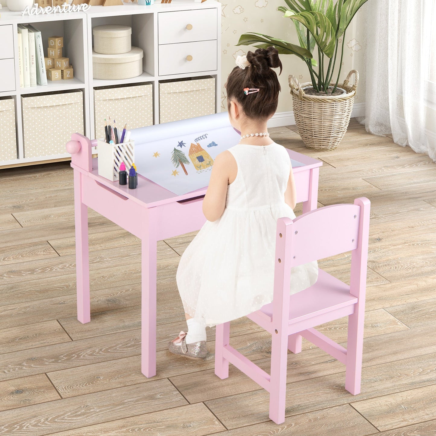 Toddler Activity Table with Chair with Storage and Paper Roll Holder-Pink