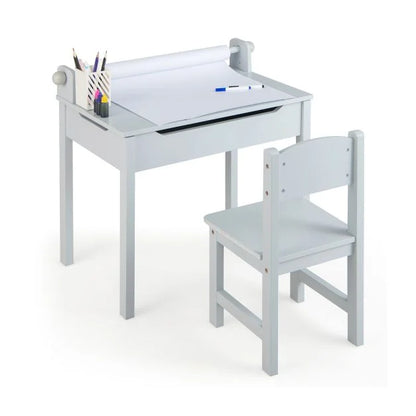 Toddler Activity Table with Chair with Storage and Paper Roll Holder-Grey