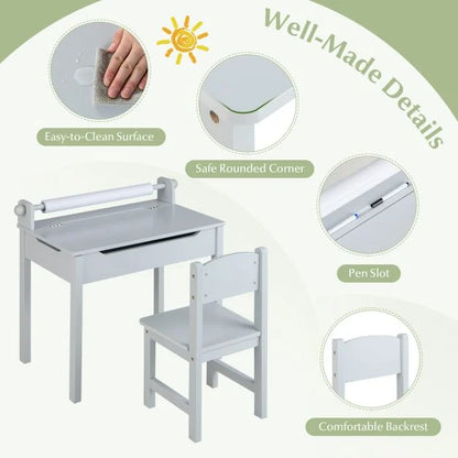 Toddler Activity Table with Chair with Storage and Paper Roll Holder-Grey