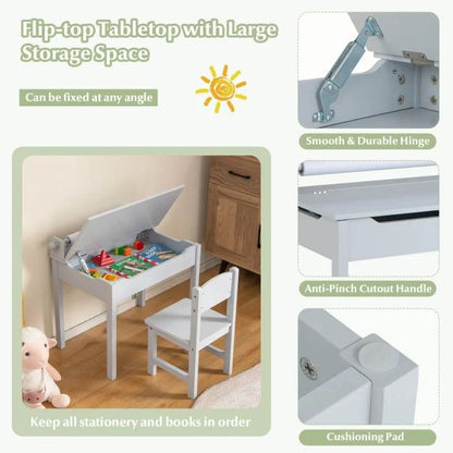 Toddler Activity Table with Chair with Storage and Paper Roll Holder-Grey