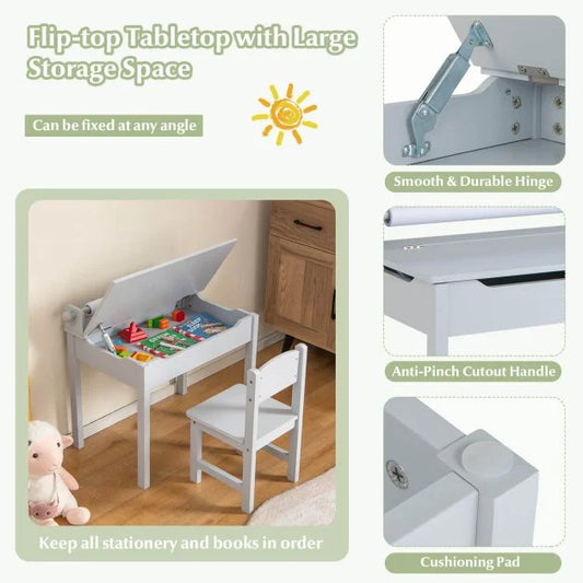 Toddler Activity Table with Chair with Storage and Paper Roll Holder-Grey
