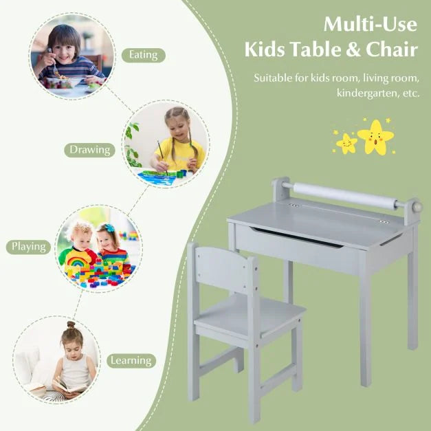 Toddler Activity Table with Chair with Storage and Paper Roll Holder-Grey