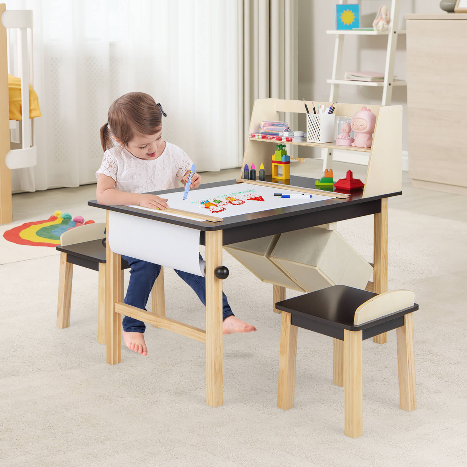 Kids Chairs Set with 2 Storage Bins and Paper Roll-Coffee