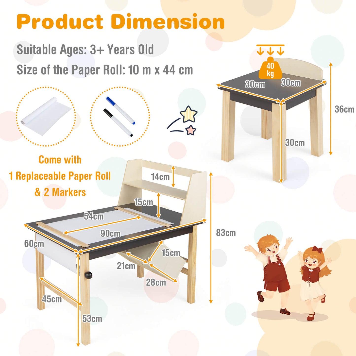 Kids Chairs Set with 2 Storage Bins and Paper Roll-Coffee
