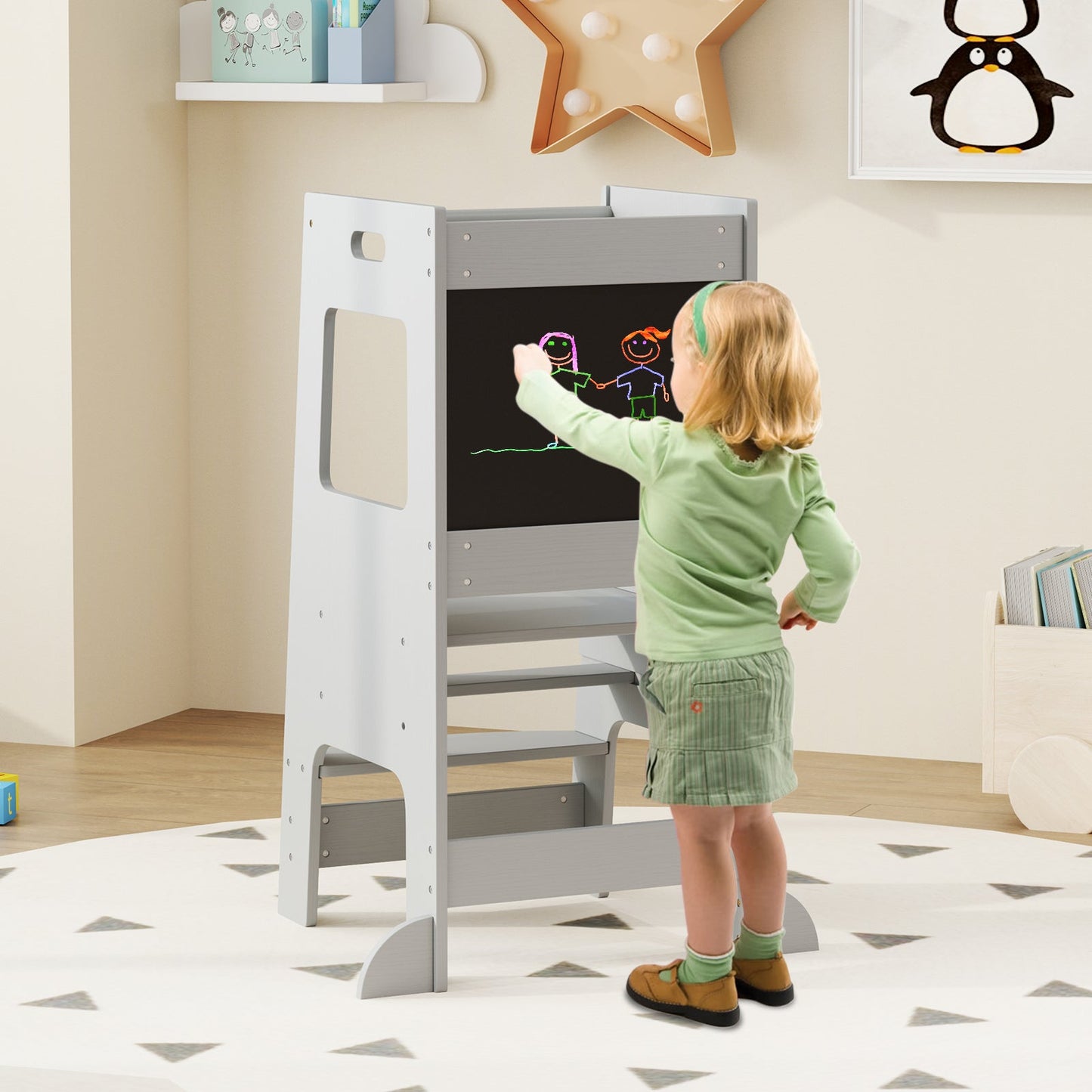 Toddler Kitchen Step Stool with Activity Chalkboard and Adjustable Height-Grey