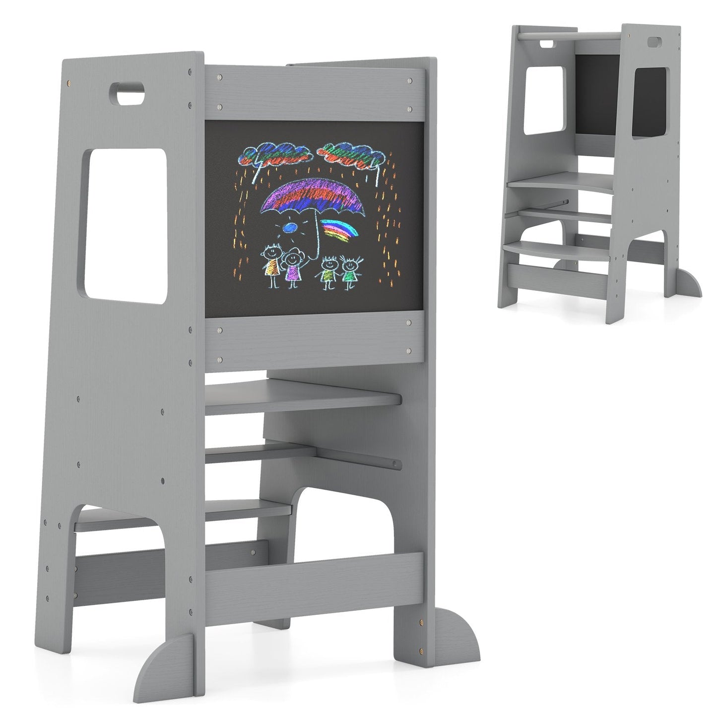 Toddler Kitchen Step Stool with Activity Chalkboard and Adjustable Height-Grey