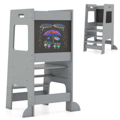 Toddler Kitchen Step Stool with Activity Chalkboard and Adjustable Height-Grey