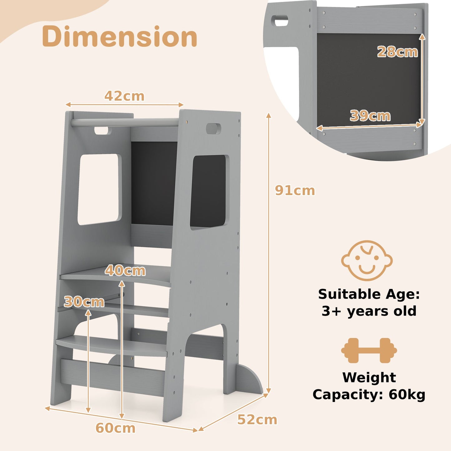 Toddler Kitchen Step Stool with Activity Chalkboard and Adjustable Height-Grey