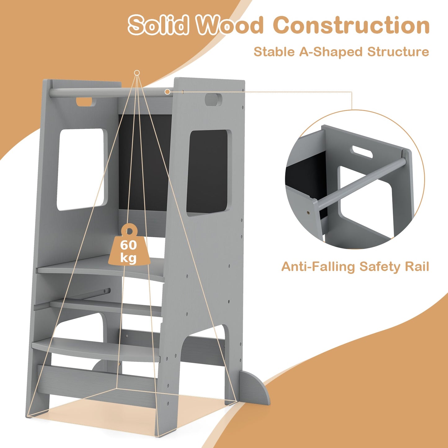 Toddler Kitchen Step Stool with Activity Chalkboard and Adjustable Height-Grey