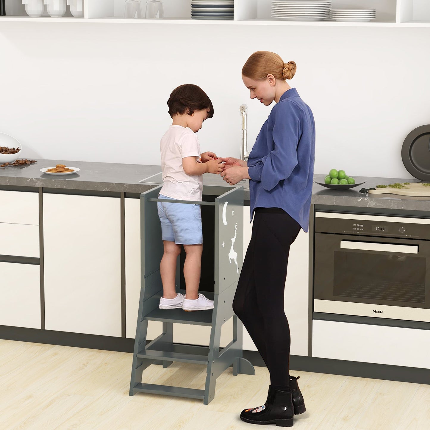 Toddler Kitchen Stool Helper with Chalkboard and Whiteboard-Grey