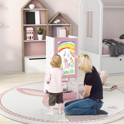 Toddler Kitchen Stool Helper with Chalkboard and Whiteboard-Pink