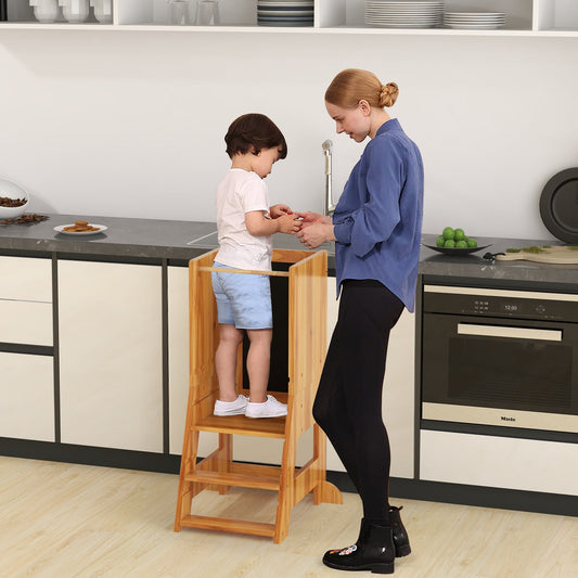 Toddler Kitchen Stool Helper with Chalkboard and Whiteboard-Natural