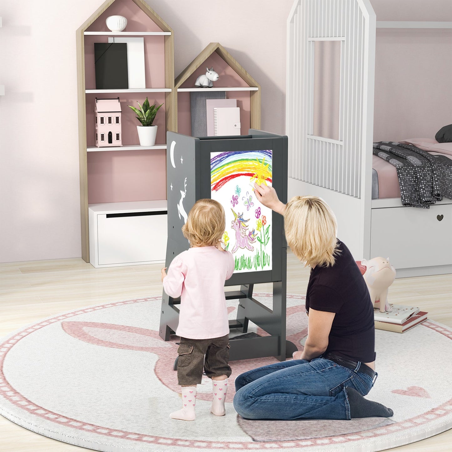 Toddler Kitchen Stool Helper with Chalkboard and Whiteboard-Grey